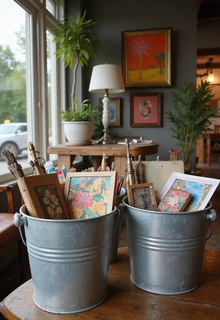 28 Metal Bucket Decor Ideas For Cozy Corners - 28. Unique Art Display