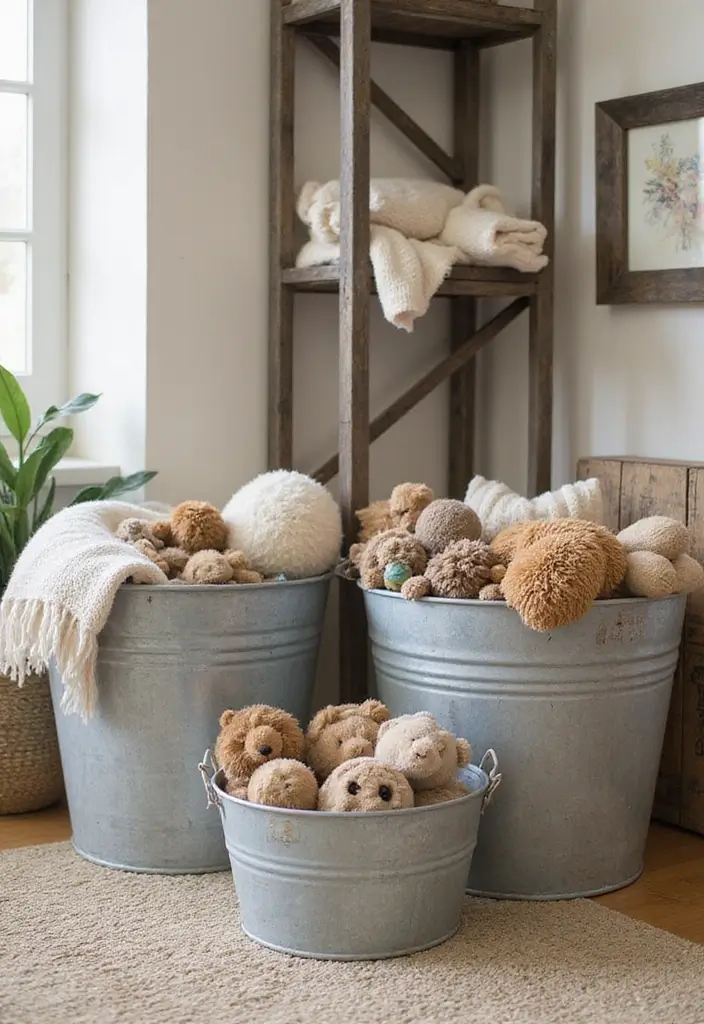 28 Metal Bucket Decor Ideas For Cozy Corners - 3. Rustic Storage Solution