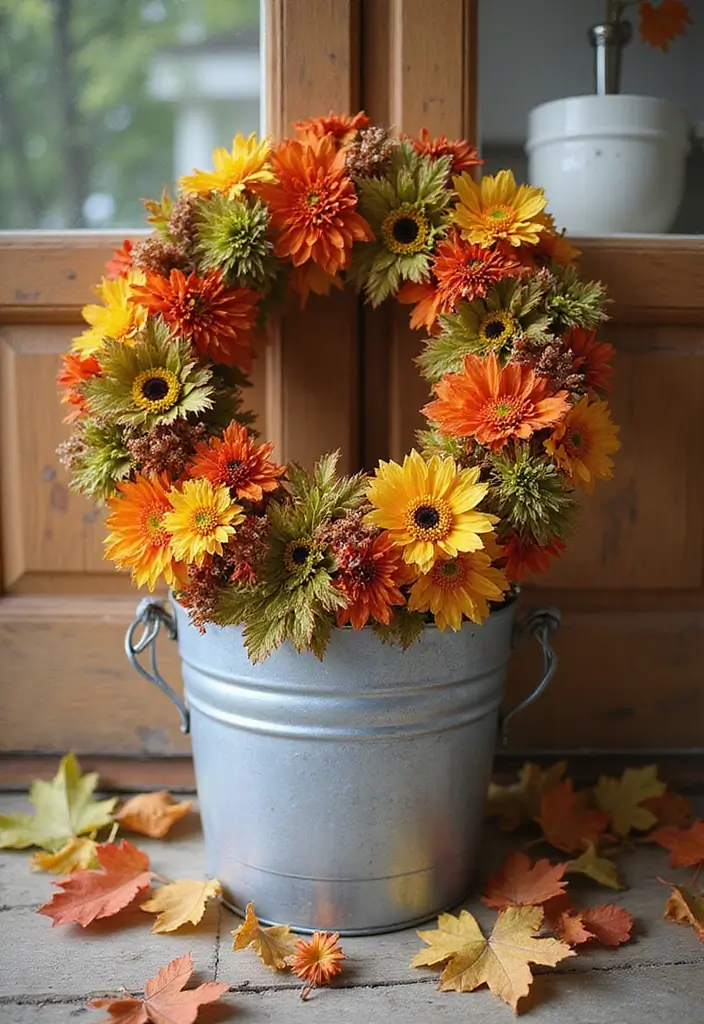 28 Metal Bucket Decor Ideas For Cozy Corners - 4. Wreath Display