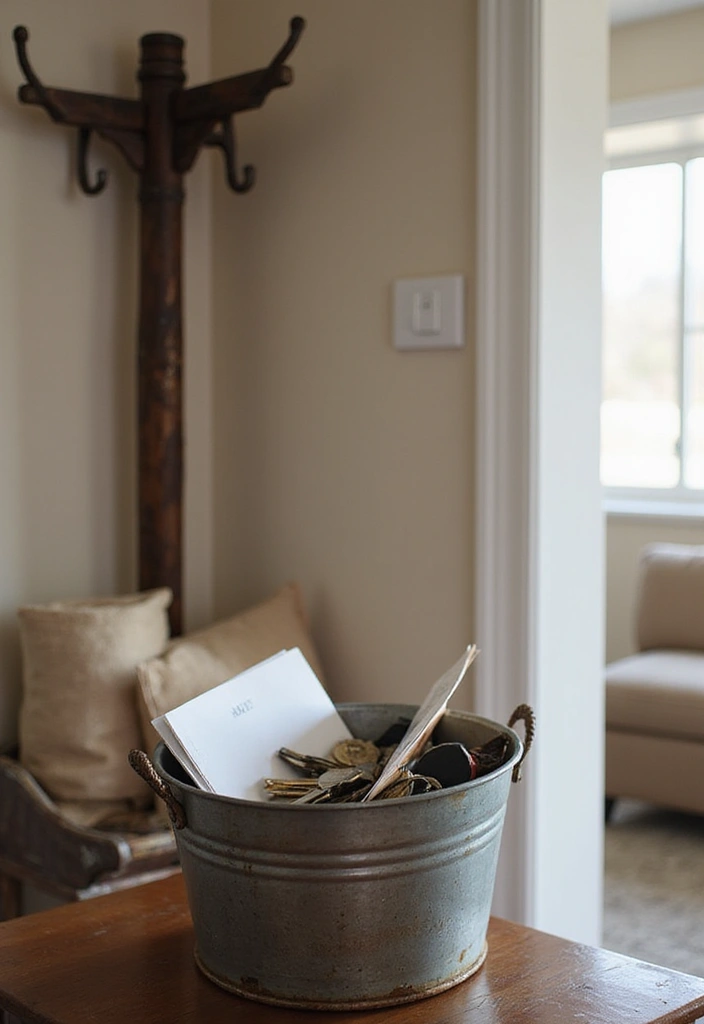 28 Metal Bucket Decor Ideas For Cozy Corners - 6. Stylish Entryway Catchall