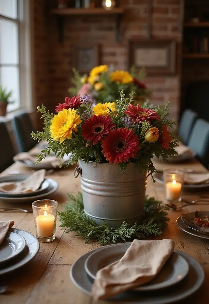 28 Metal Bucket Decor Ideas For Cozy Corners - 7. Vintage Table Centerpiece