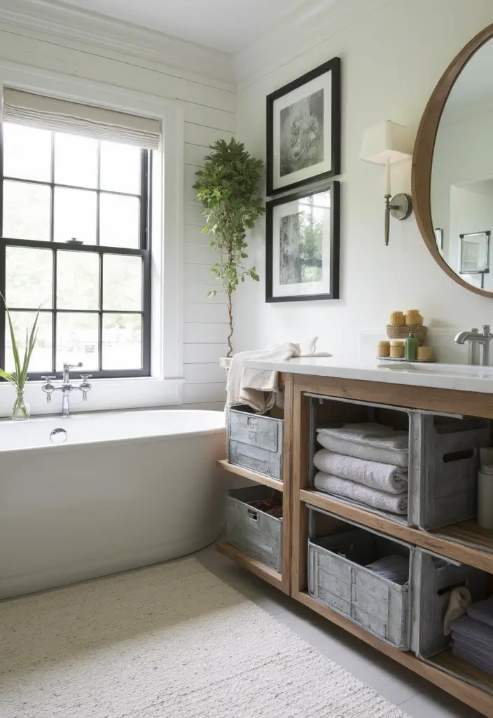 28 Metal Milk Crate Ideas For Rustic Home Decor - 13. Chic Bathroom Storage