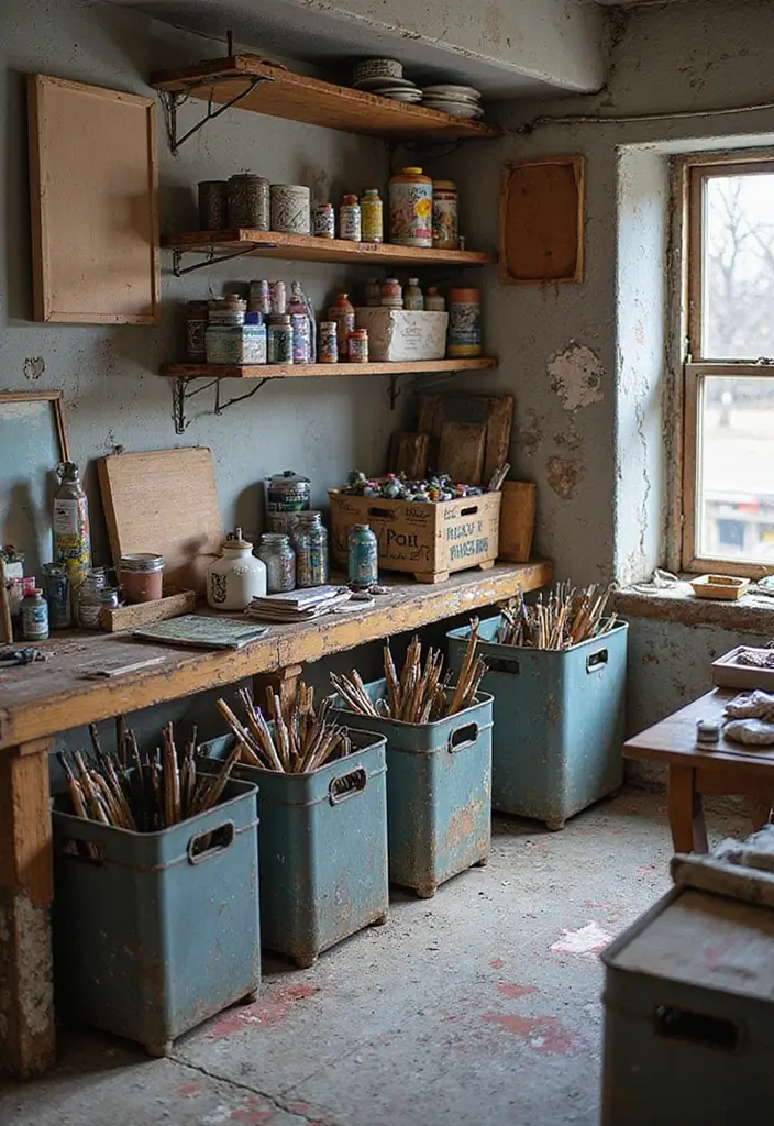 28 Metal Milk Crate Ideas For Rustic Home Decor - 14. Art Studio Organizers