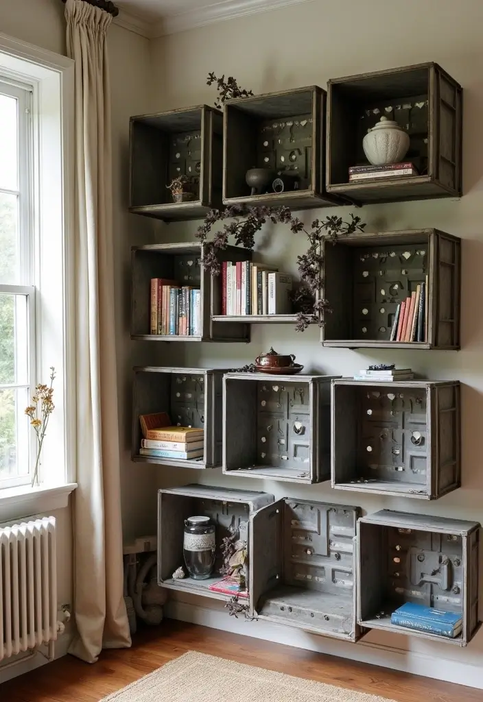 28 Metal Milk Crate Ideas For Rustic Home Decor - 18. Chic Wall Shelving