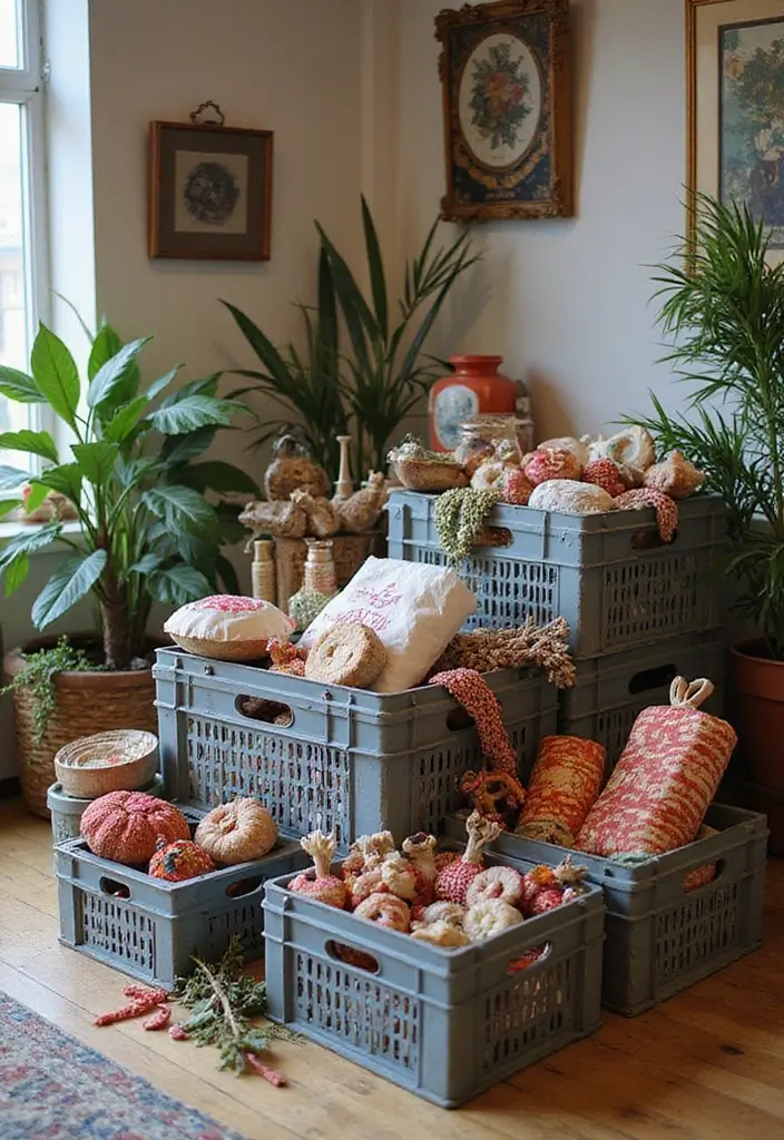 28 Metal Milk Crate Ideas For Rustic Home Decor - 25. Artistic Display for Crafts