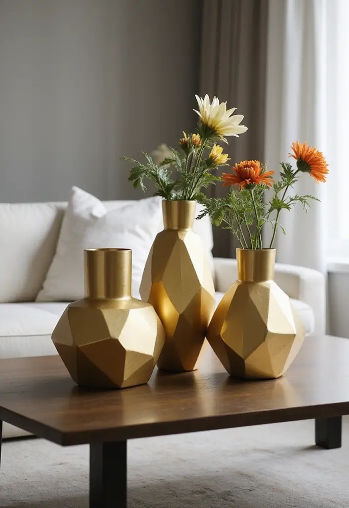 28 Modern Metal Vase Decor Ideas With A Sleek Look - 1. Geometric Gold Vases
