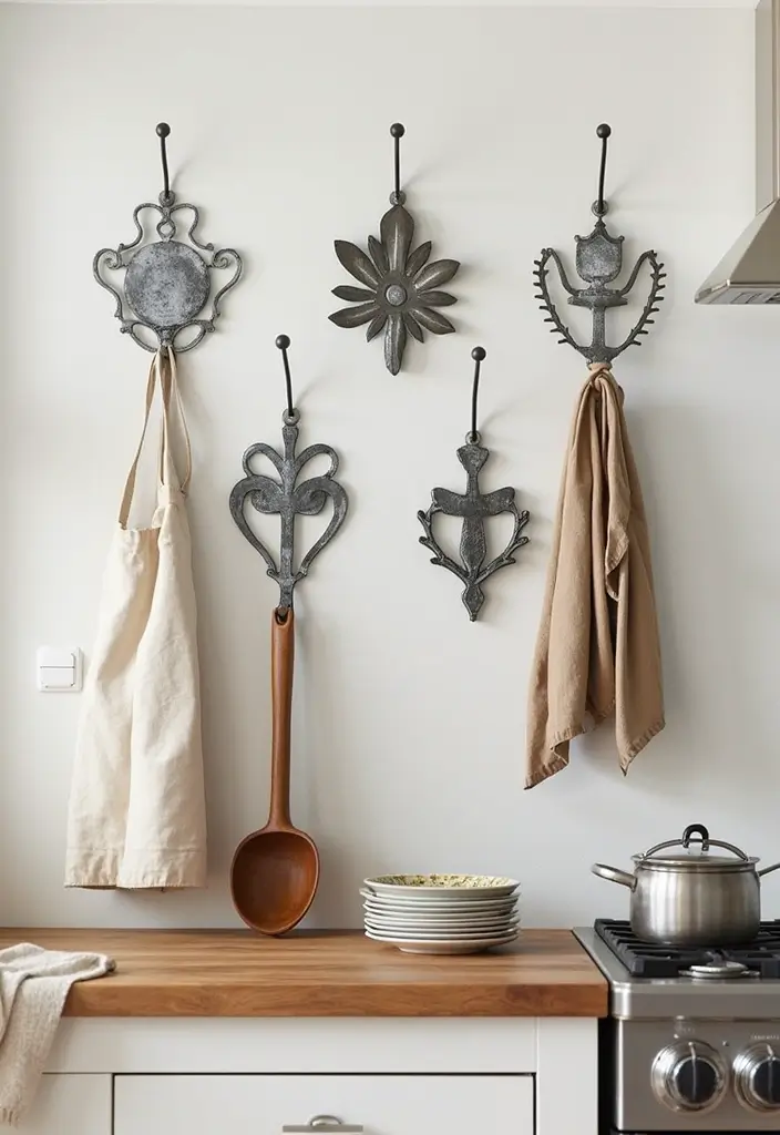 28 Vintage Metal Kitchen Decor Ideas With Old-School Charm - 10. Farmhouse-Inspired Wall Hooks
