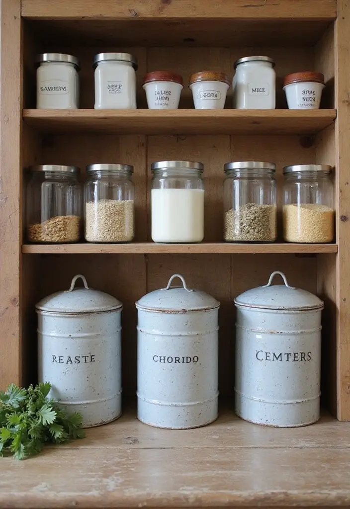 28 Vintage Metal Kitchen Decor Ideas With Old-School Charm - 16. Farmhouse Metal Canisters