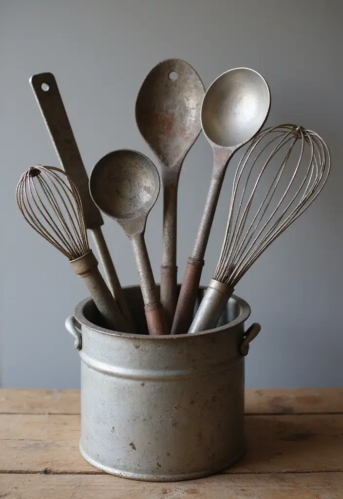 28 Vintage Metal Kitchen Decor Ideas With Old-School Charm - 19. Metal Ladles and Whisks