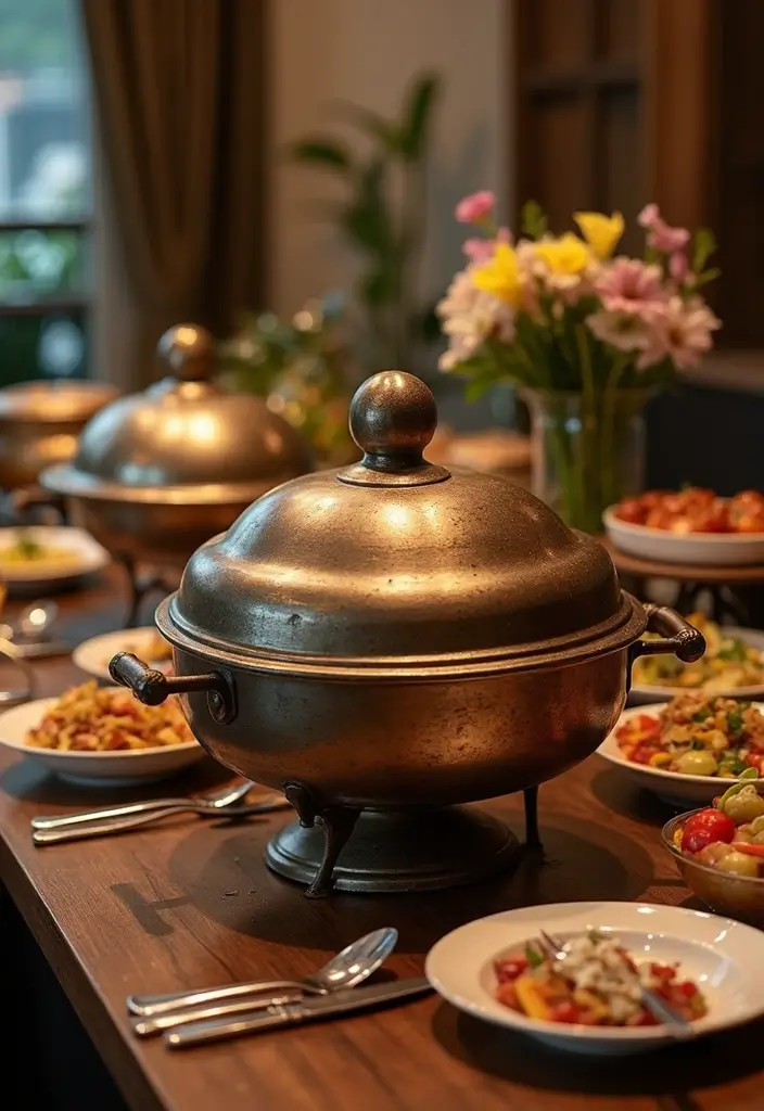 28 Vintage Metal Kitchen Decor Ideas With Old-School Charm - 24. Rustic Metal Chafing Dishes