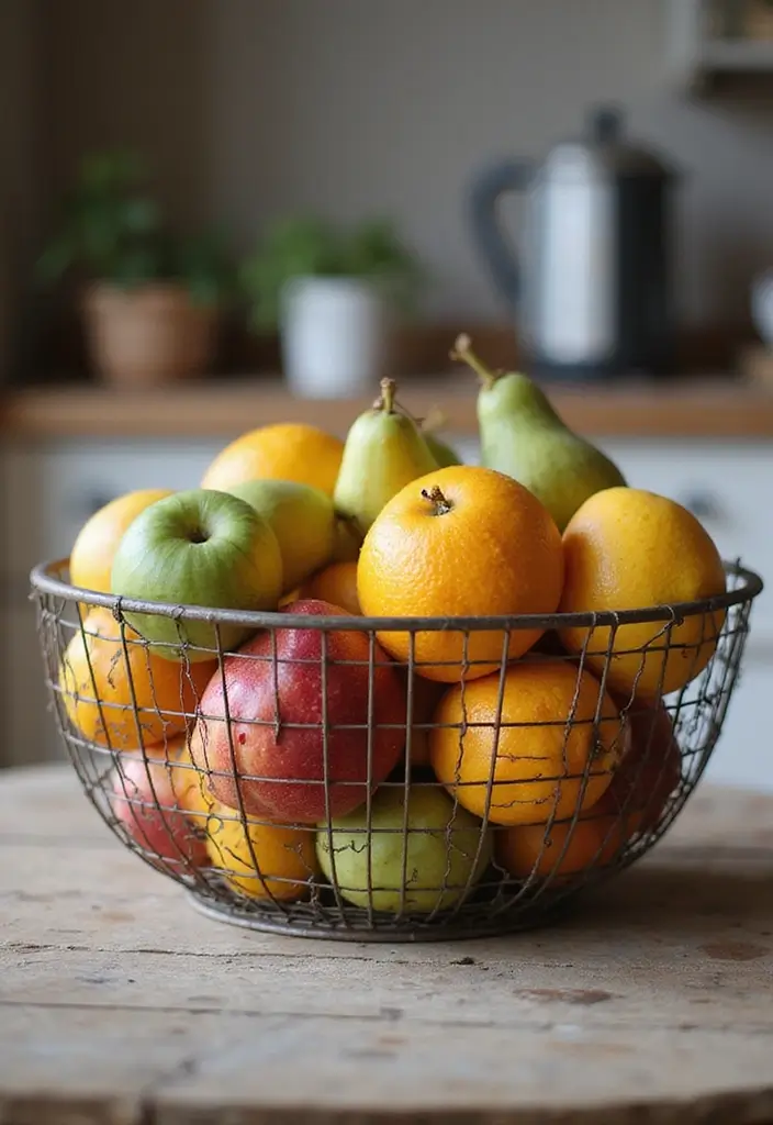 28 Vintage Metal Kitchen Decor Ideas With Old-School Charm - 28. Metal Fruit Basket