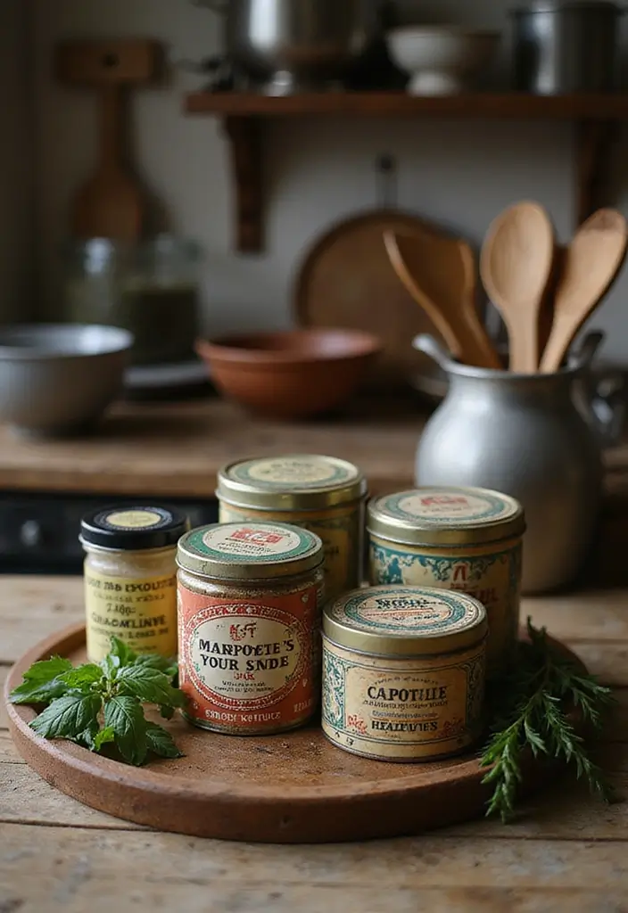 28 Vintage Metal Kitchen Decor Ideas With Old-School Charm - 3. Antique Spice Tins