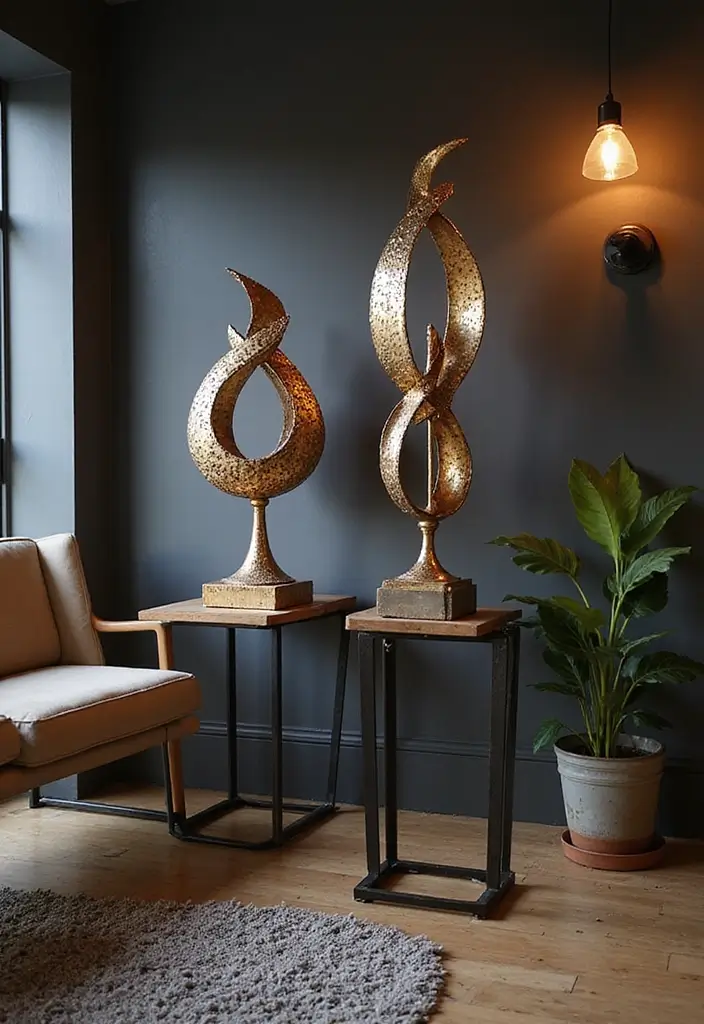 29 Home Decor Ideas With Metal Sculptures That Impress 5. Abstract Metal Art on Stands 20251013 164321