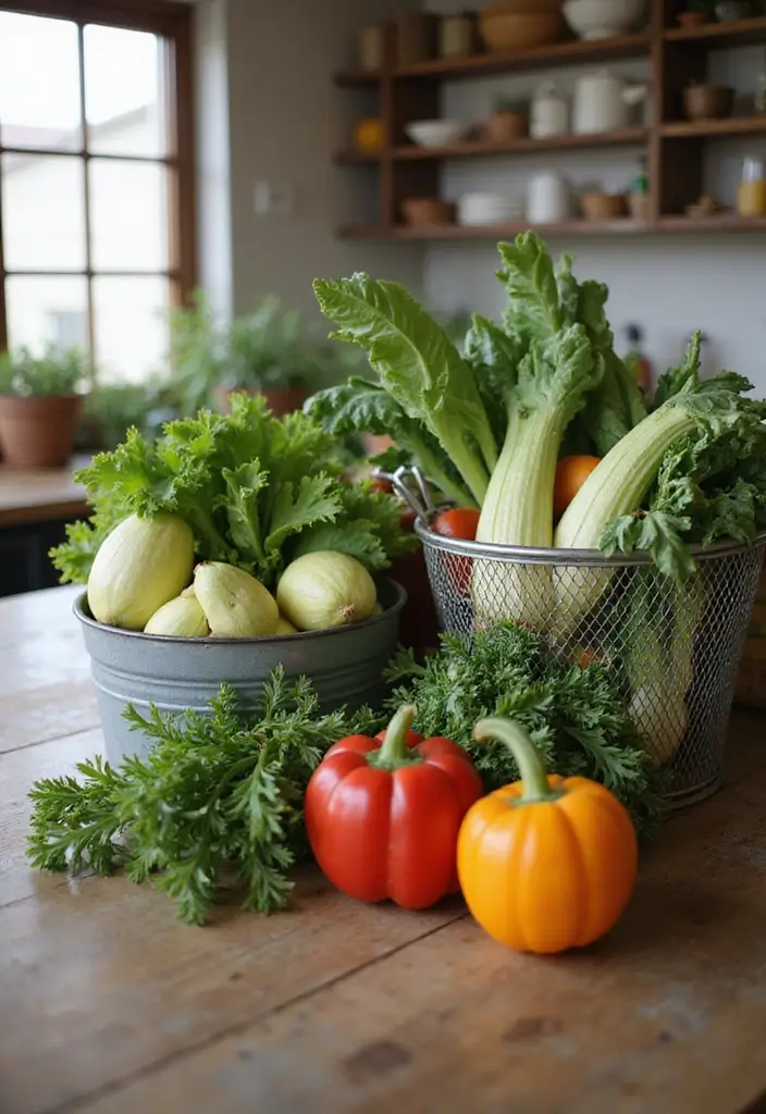 29 Metal Basket Decor Ideas For A Beautiful Kitchen - 19. Garden Fresh Ingredients in Metal Baskets