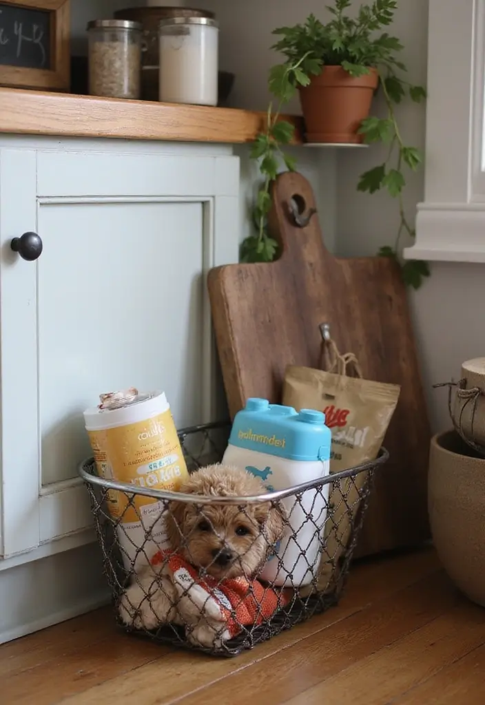 29 Metal Basket Decor Ideas For A Beautiful Kitchen - 23. Retro Metal Basket for Pet Supplies