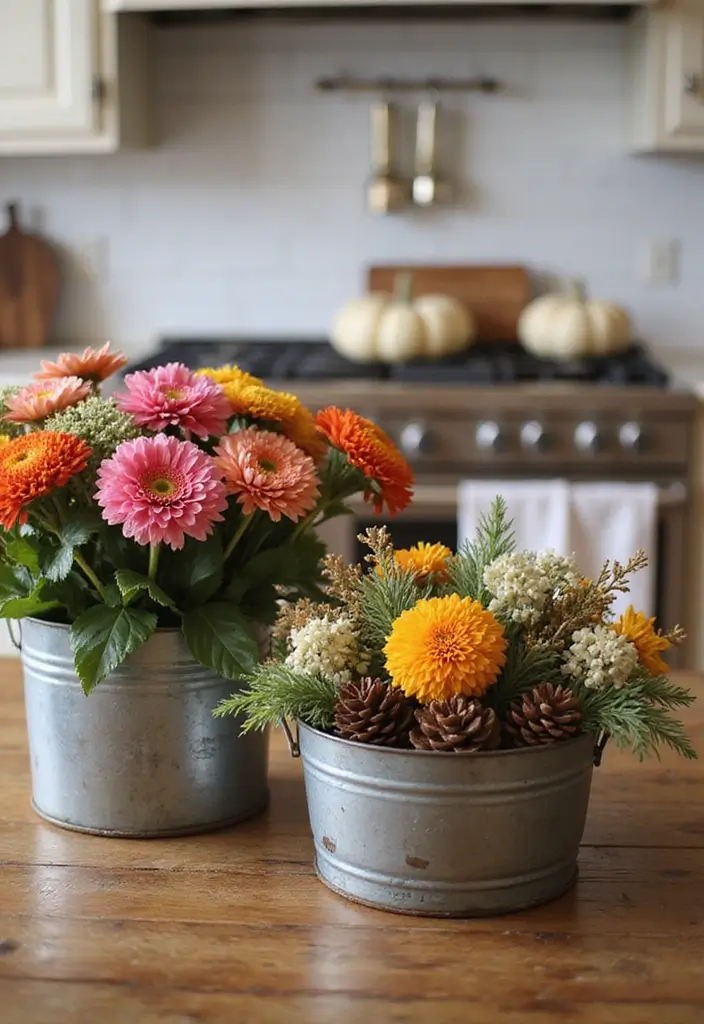 29 Metal Basket Decor Ideas For A Beautiful Kitchen - 25. Rustic Metal Baskets for Seasonal Displays