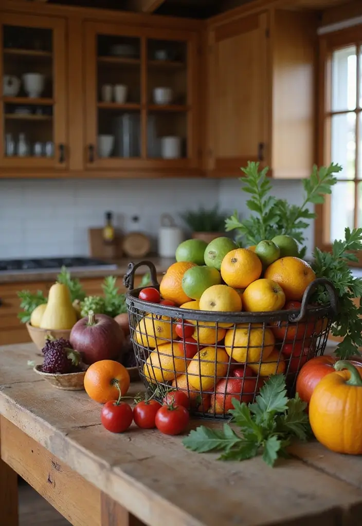 29 Metal Basket Decor Ideas For A Beautiful Kitchen - 5. Rustic Fruit and Veggie Display