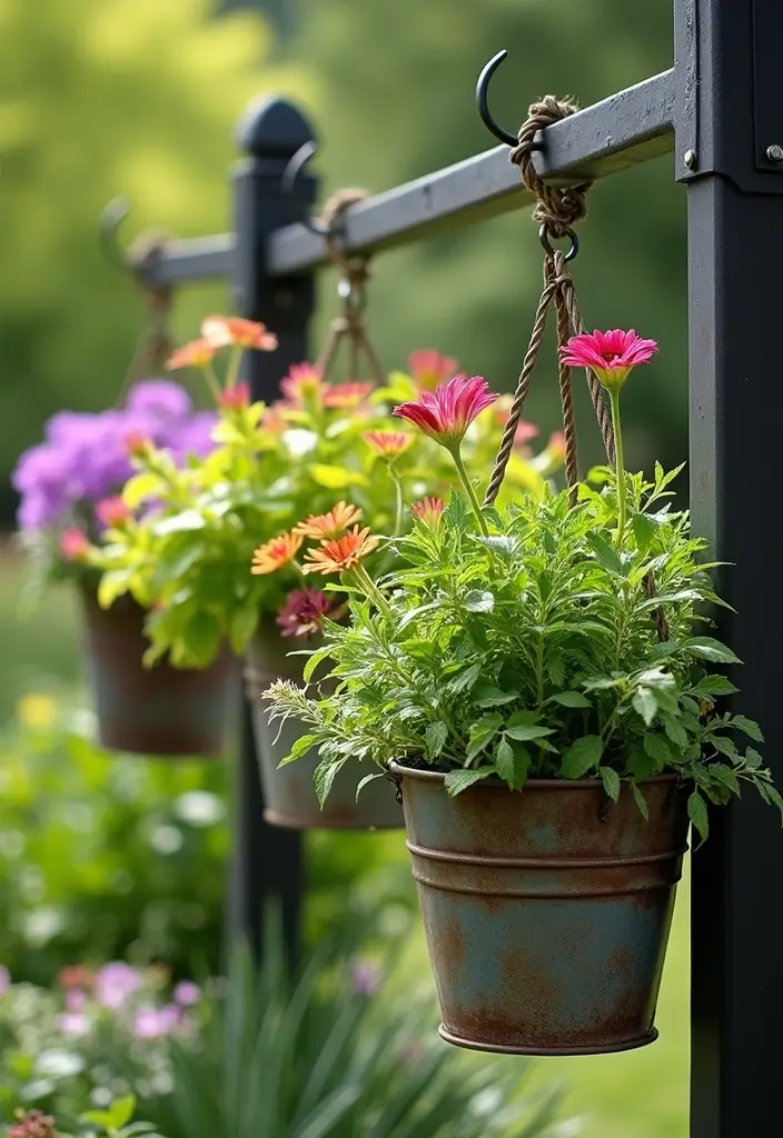 29 Metal Garden Decor Ideas To Enhance Outdoor Beauty - 25. Hanging Metal Planters