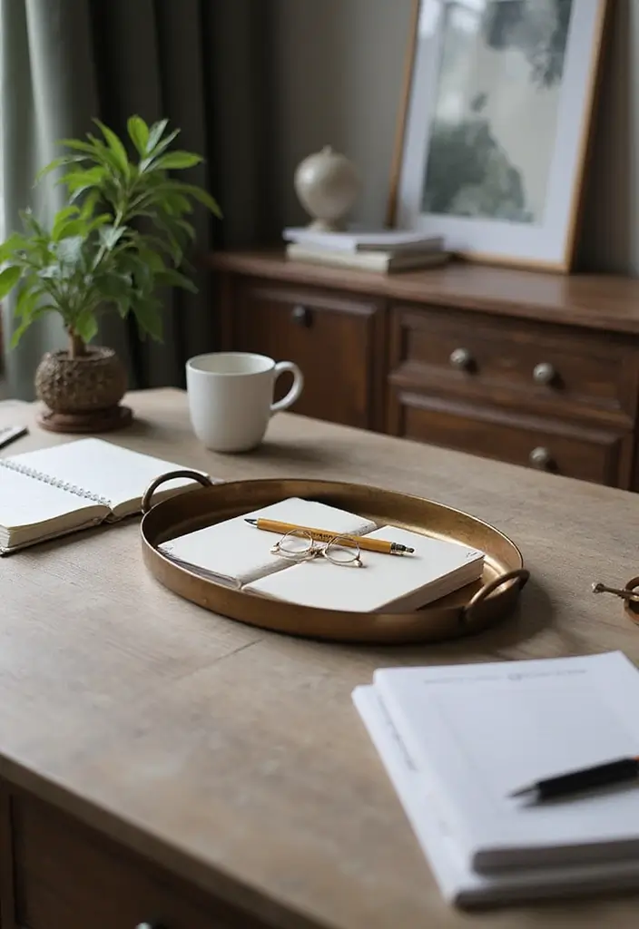 29 Oval Metal Tray Decor Ideas That Feel Luxurious - 10. Luxe Office Desk Styling
