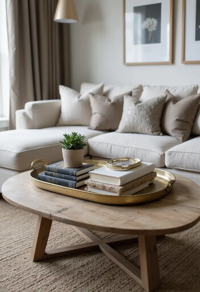 29 Oval Metal Tray Decor Ideas That Feel Luxurious - 15. Unique Coffee Table Decor