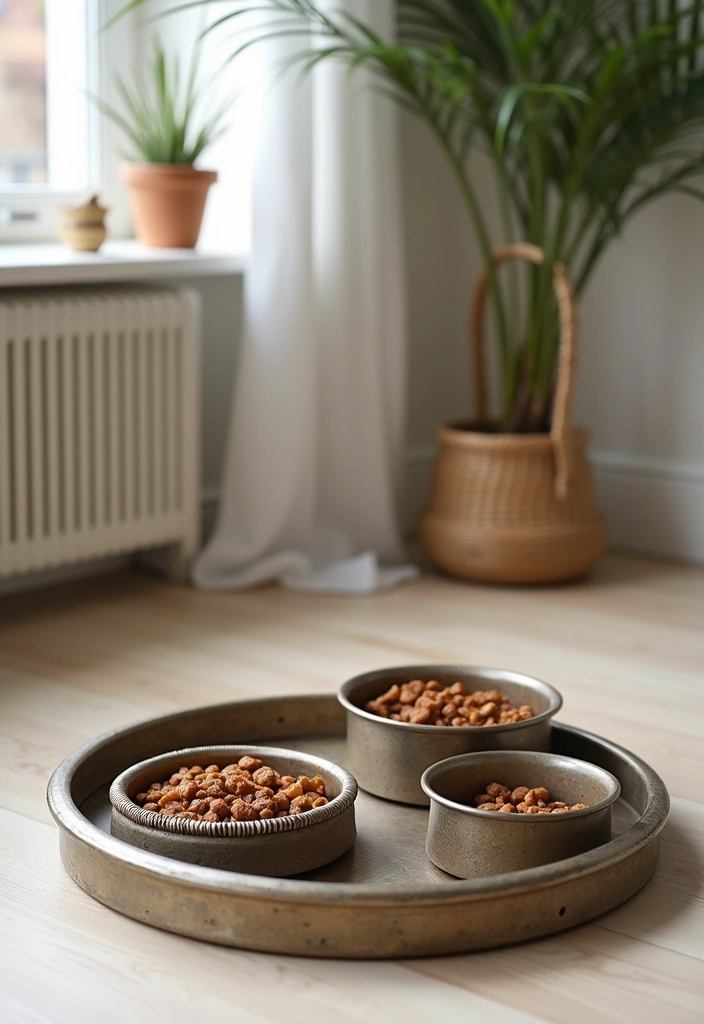 29 Oval Metal Tray Decor Ideas That Feel Luxurious - 25. Luxe Pet Feeding Station