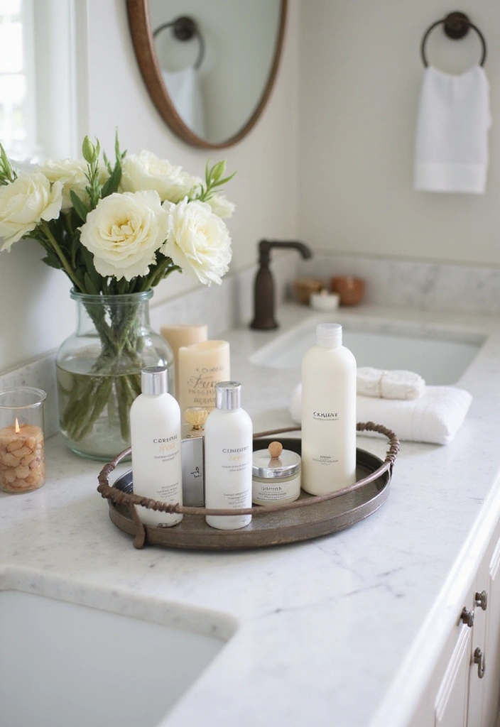 29 Oval Metal Tray Decor Ideas That Feel Luxurious - 8. Elegant Bathroom Organization