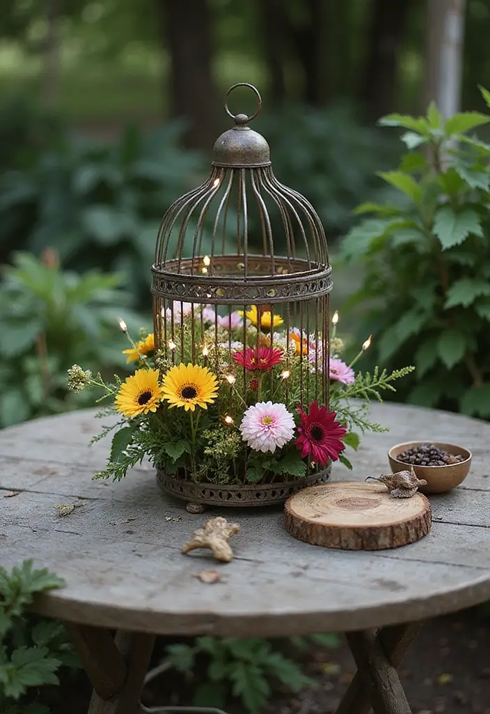 30 Metal Bird Cage Decor Ideas For Vintage Charm - 1. Garden Party Centerpiece