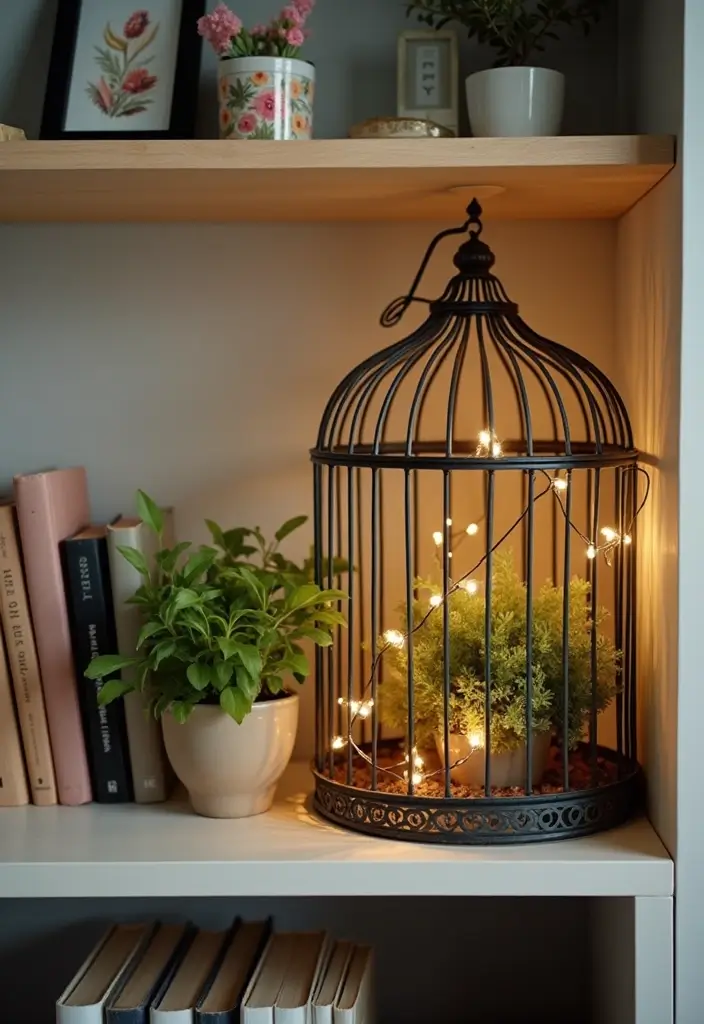 30 Metal Bird Cage Decor Ideas For Vintage Charm - 20. Charming Living Room Shelf