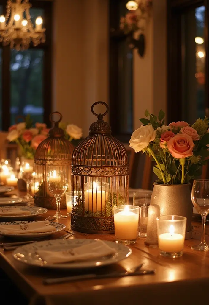 30 Metal Bird Cage Decor Ideas For Vintage Charm - 22. Romantic Dinner Decor