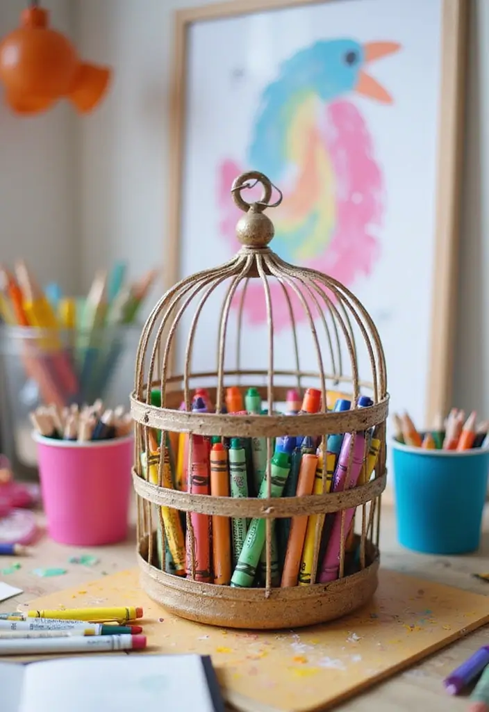 30 Metal Bird Cage Decor Ideas For Vintage Charm - 23. Child's Craft Station