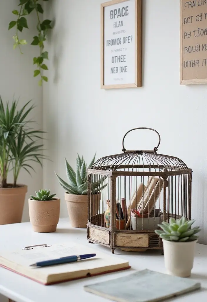 30 Metal Bird Cage Decor Ideas For Vintage Charm - 24. Stylish Home Office Organizer