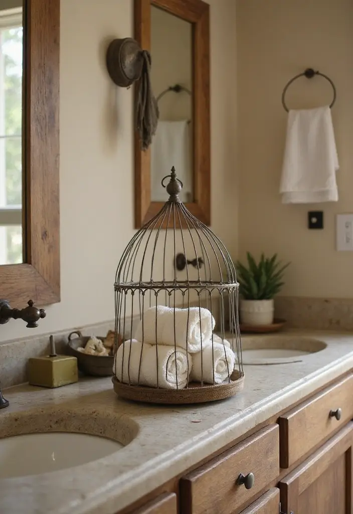 30 Metal Bird Cage Decor Ideas For Vintage Charm - 3. Rustic Bathroom Accent