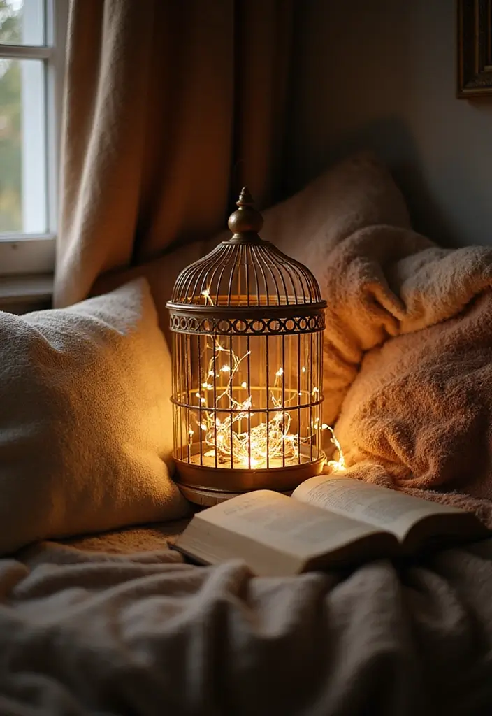 30 Metal Bird Cage Decor Ideas For Vintage Charm - 30. Enchanted Reading Nook