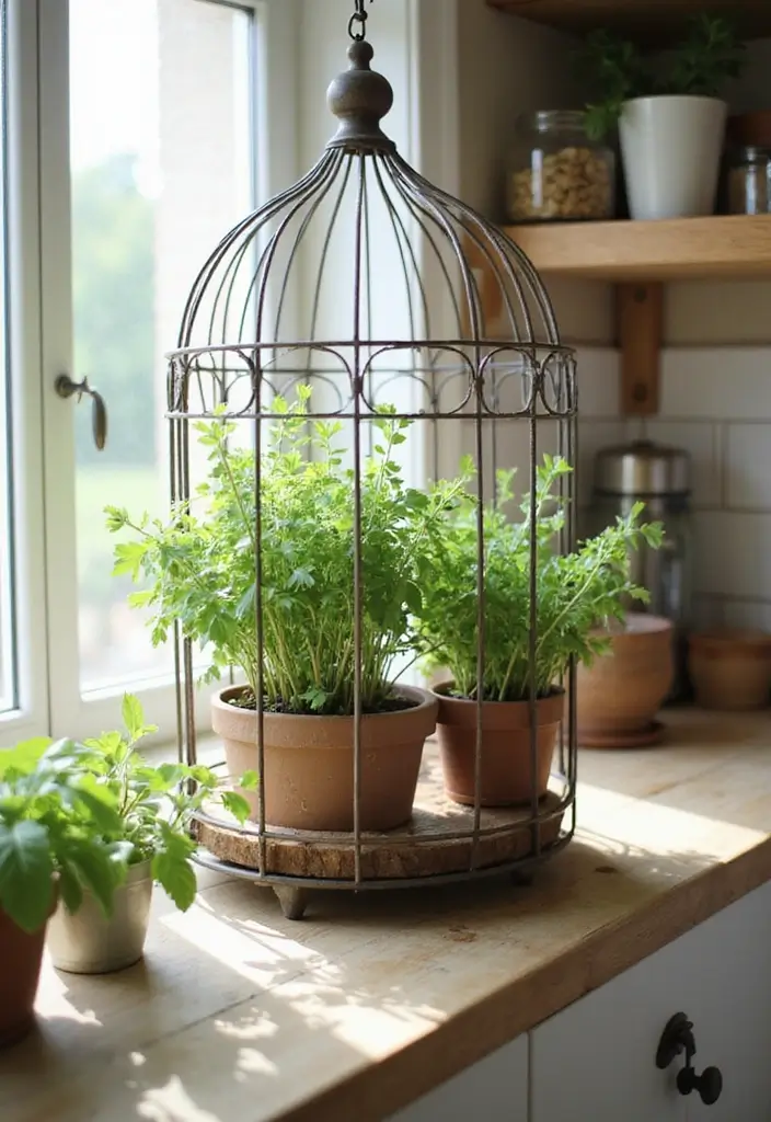 30 Metal Bird Cage Decor Ideas For Vintage Charm - 5. Kitchen Herb Holder