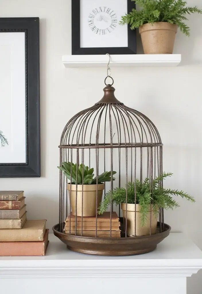 30 Metal Bird Cage Decor Ideas For Vintage Charm - 7. Decorative Wall Shelf