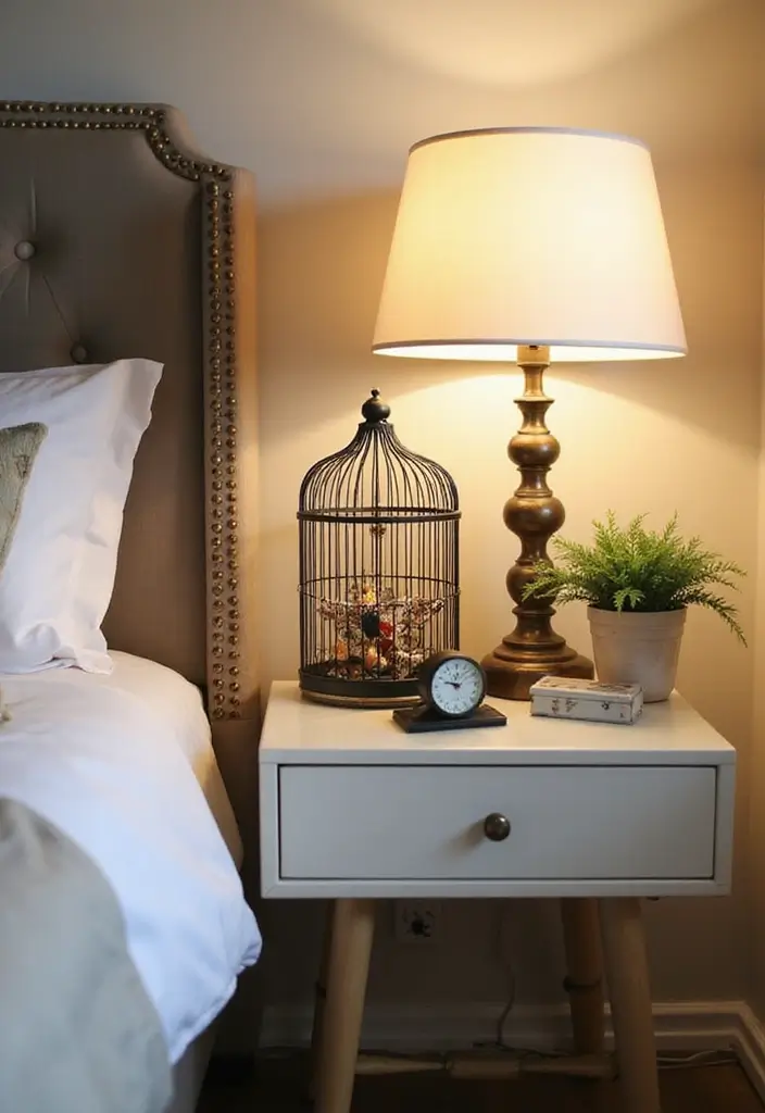 30 Metal Bird Cage Decor Ideas For Vintage Charm - 8. Creative Nightstand Decor