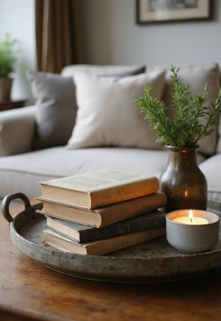 30 Metal Tray Decor Ideas For Tables And Counters 10. Rustic Book Display