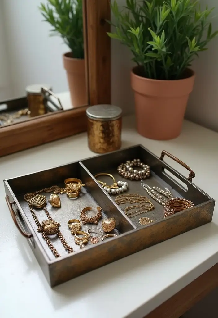 30 Metal Tray Decor Ideas For Tables And Counters 12. Rustic Jewelry Organizer