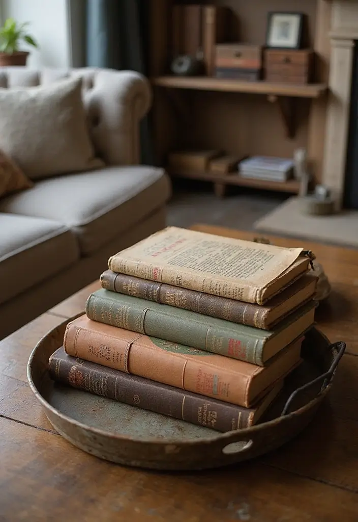 30 Metal Tray Decor Ideas For Tables And Counters 17. Vintage Book Tray