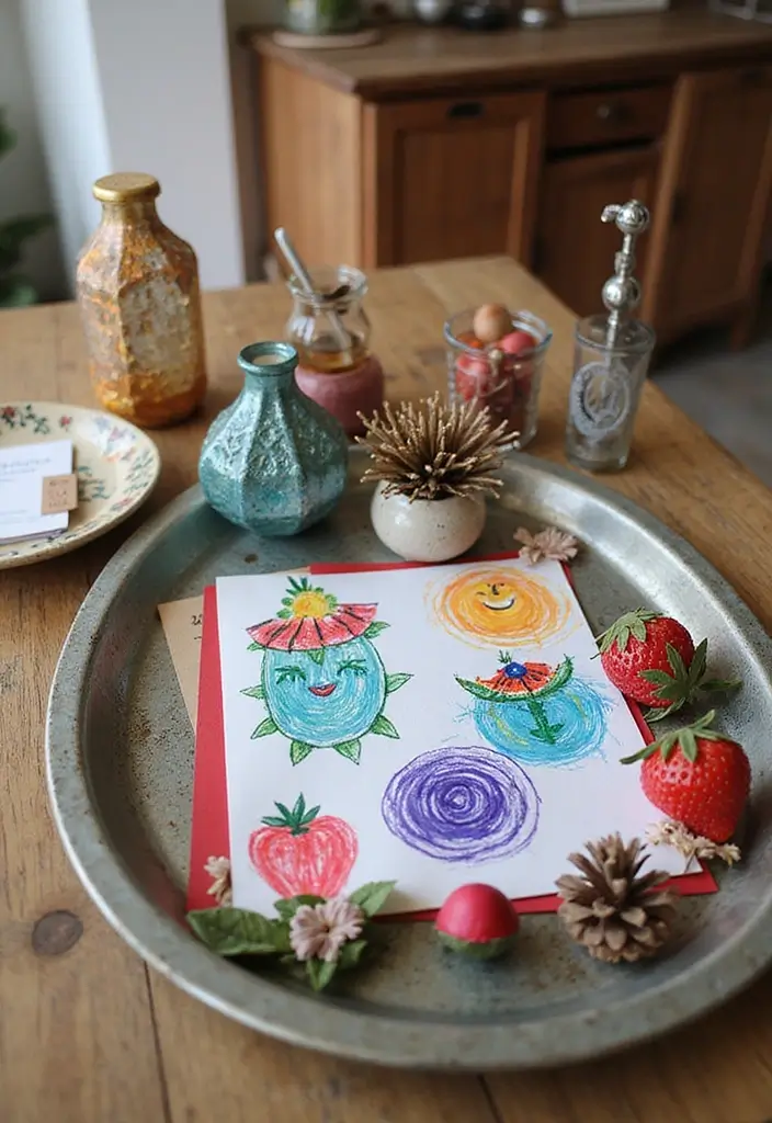 30 Metal Tray Decor Ideas For Tables And Counters 20. Kids Art Display