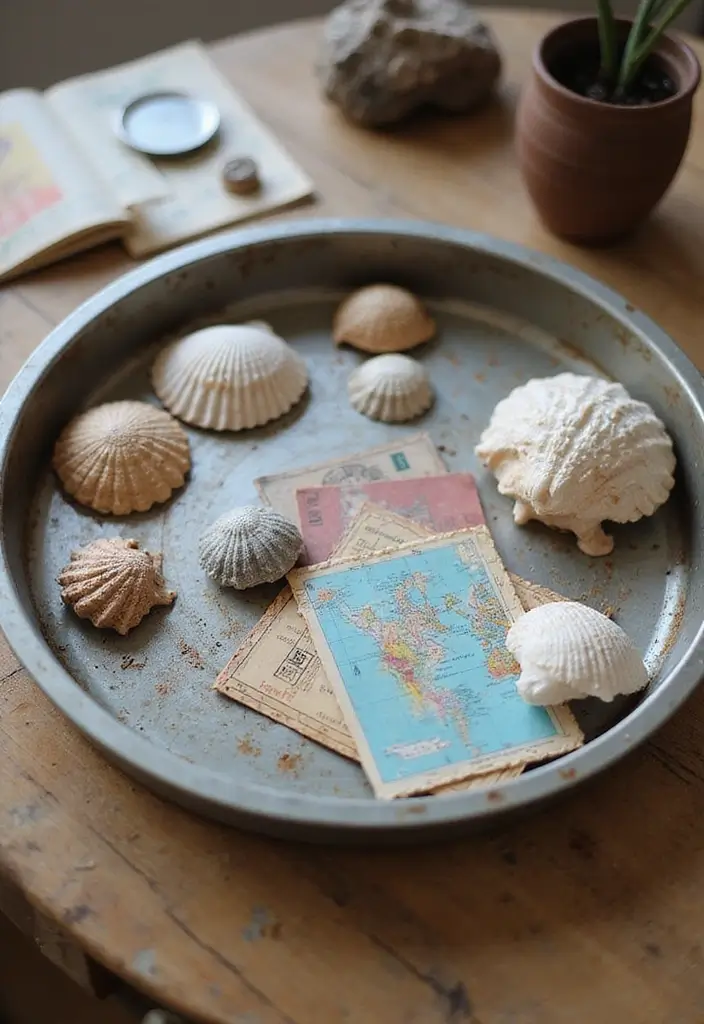 30 Metal Tray Decor Ideas For Tables And Counters 21. Travel Souvenir Showcase