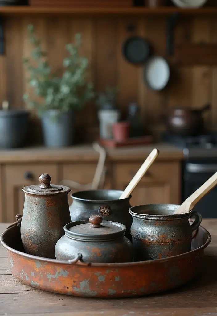 30 Metal Tray Decor Ideas For Tables And Counters 22. Vintage Kitchen Tools Display