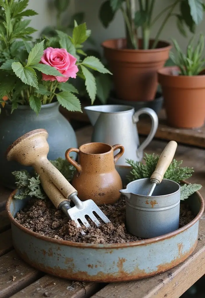 30 Metal Tray Decor Ideas For Tables And Counters 27. Gardening Tool Organizer