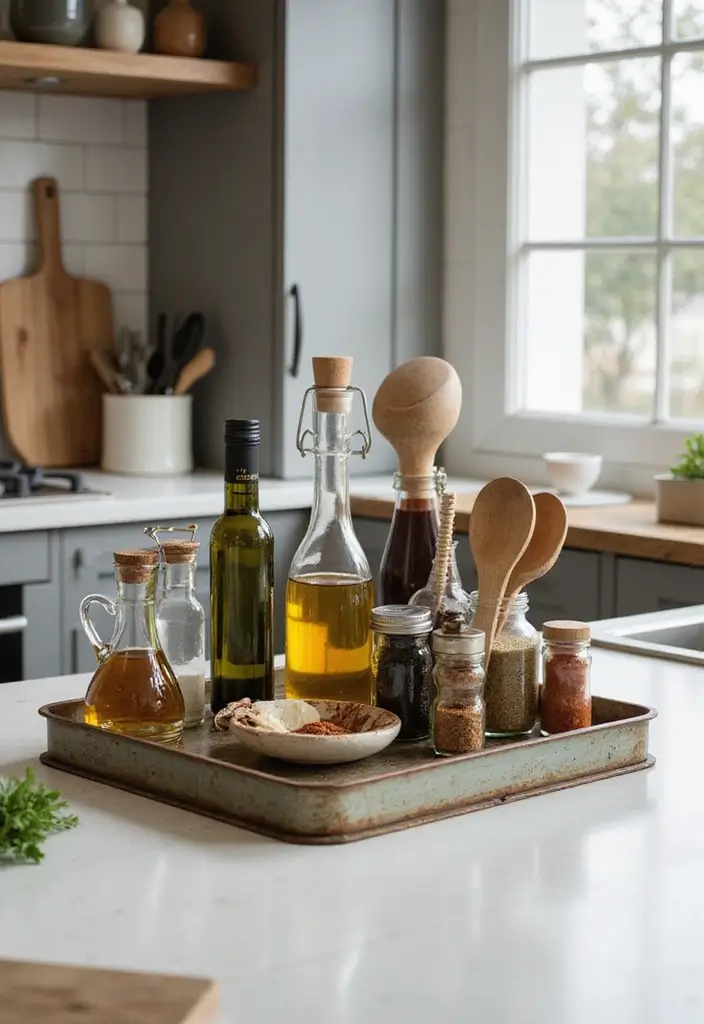 30 Metal Tray Decor Ideas For Tables And Counters 3. Kitchen Counter Organization