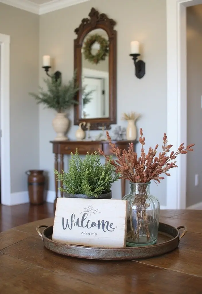 30 Metal Tray Decor Ideas For Tables And Counters 30. Rustic Entryway Welcome Tray