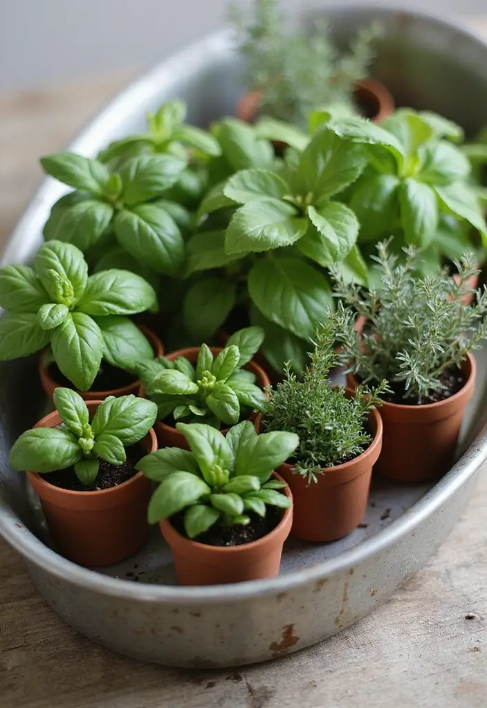 30 Metal Tray Decor Ideas For Tables And Counters 7. Herb Garden Display