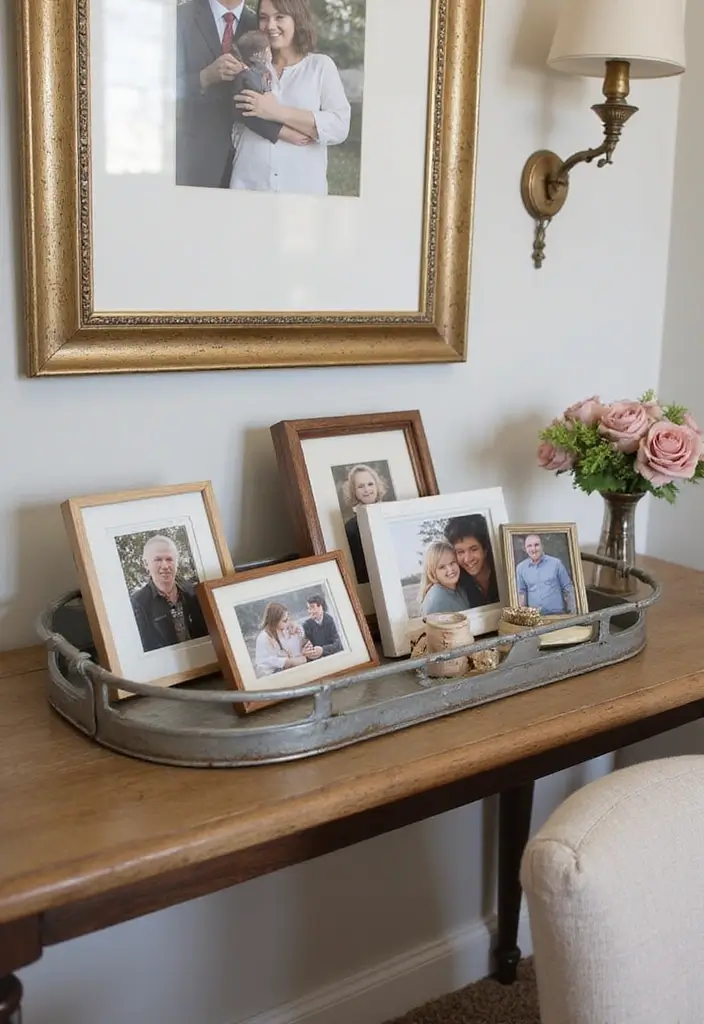30 Metal Tray Decor Ideas For Tables And Counters 8. Family Photo Collection