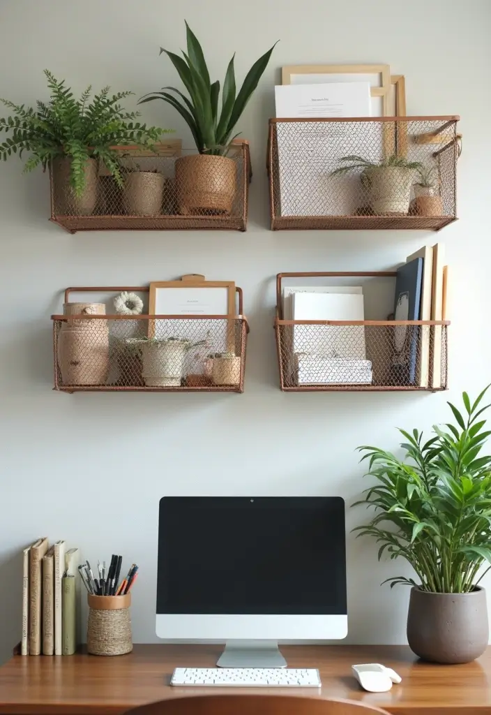 30+ Metal Wall Basket Decor Ideas That Add Texture - 14. Holistic Home Office
