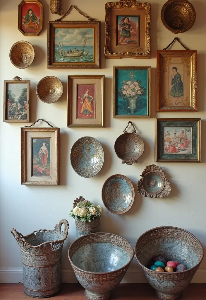30+ Metal Wall Basket Decor Ideas That Add Texture - 15. Artistic Feature with Mixed Media