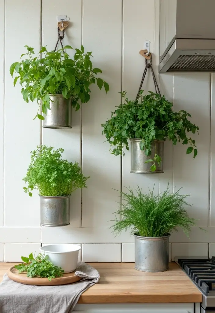 30+ Metal Wall Basket Decor Ideas That Add Texture - 16. Garden Fresh Herbs in Metal Baskets